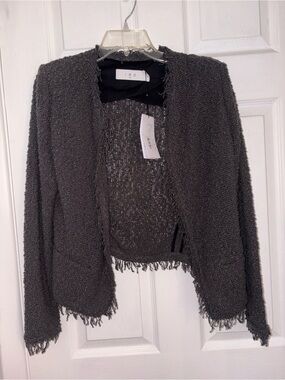 IRO Charcoal Fringe-Trim Open Front Jacket